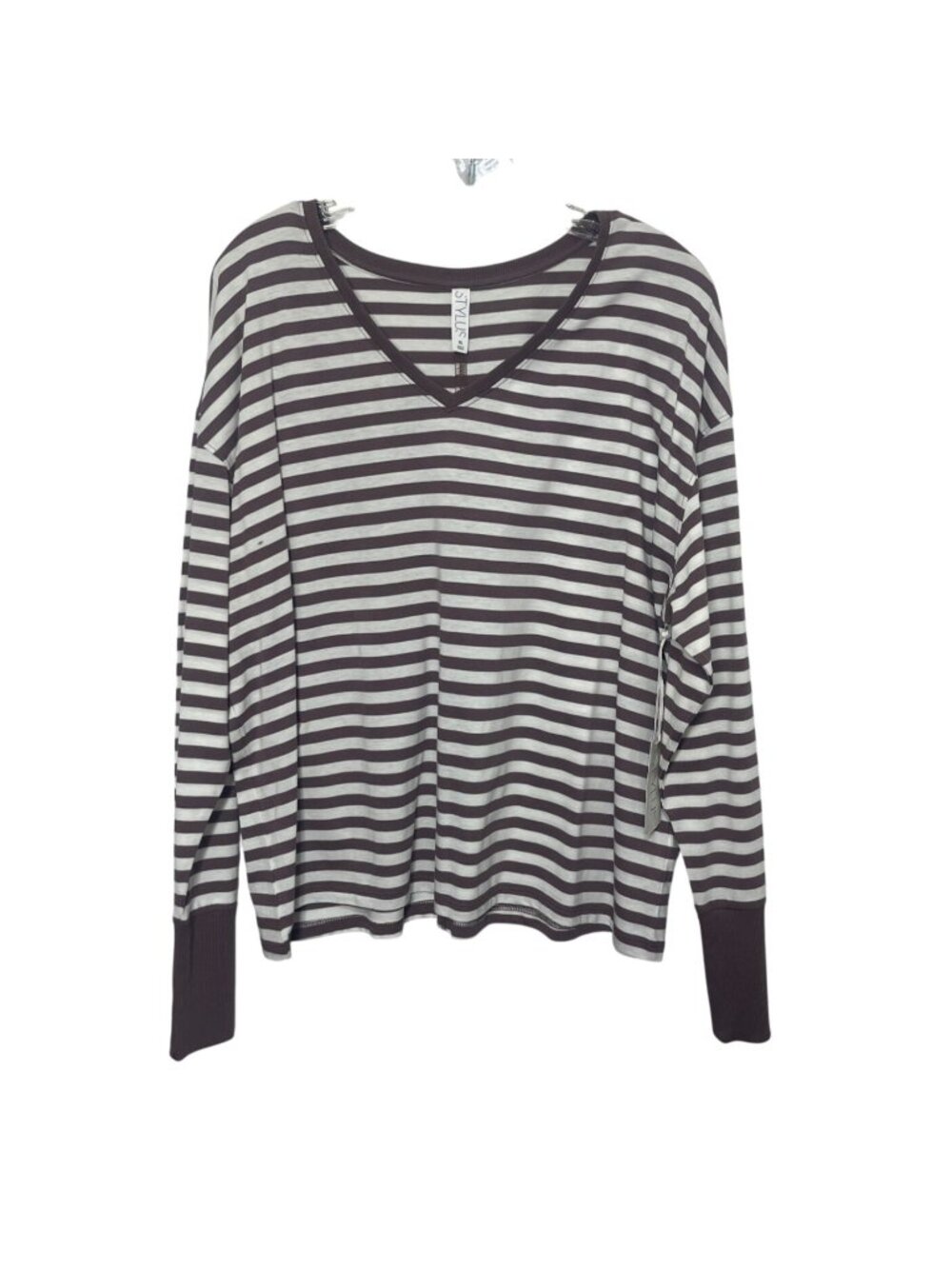 Stylus Striped V-Neck‎ Long Sleeve Top Womens XL Brown White New